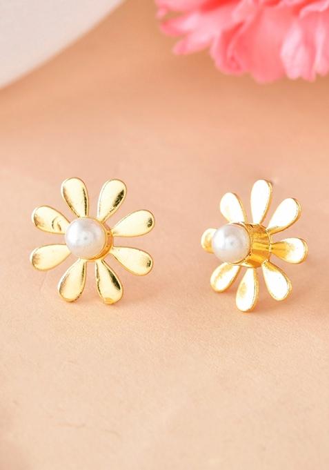 Gold Plated Flower Shaped Pearl Stud Earrings