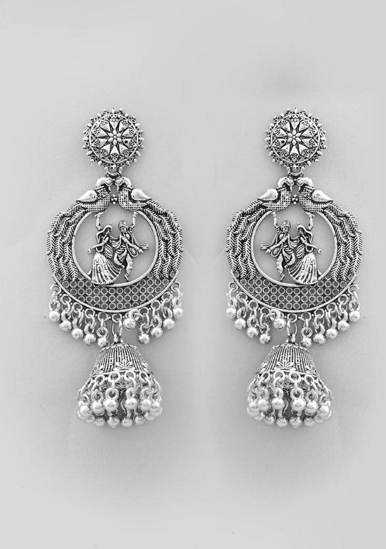 Silver Plated Krishna Cricluar Oxidized Earrings