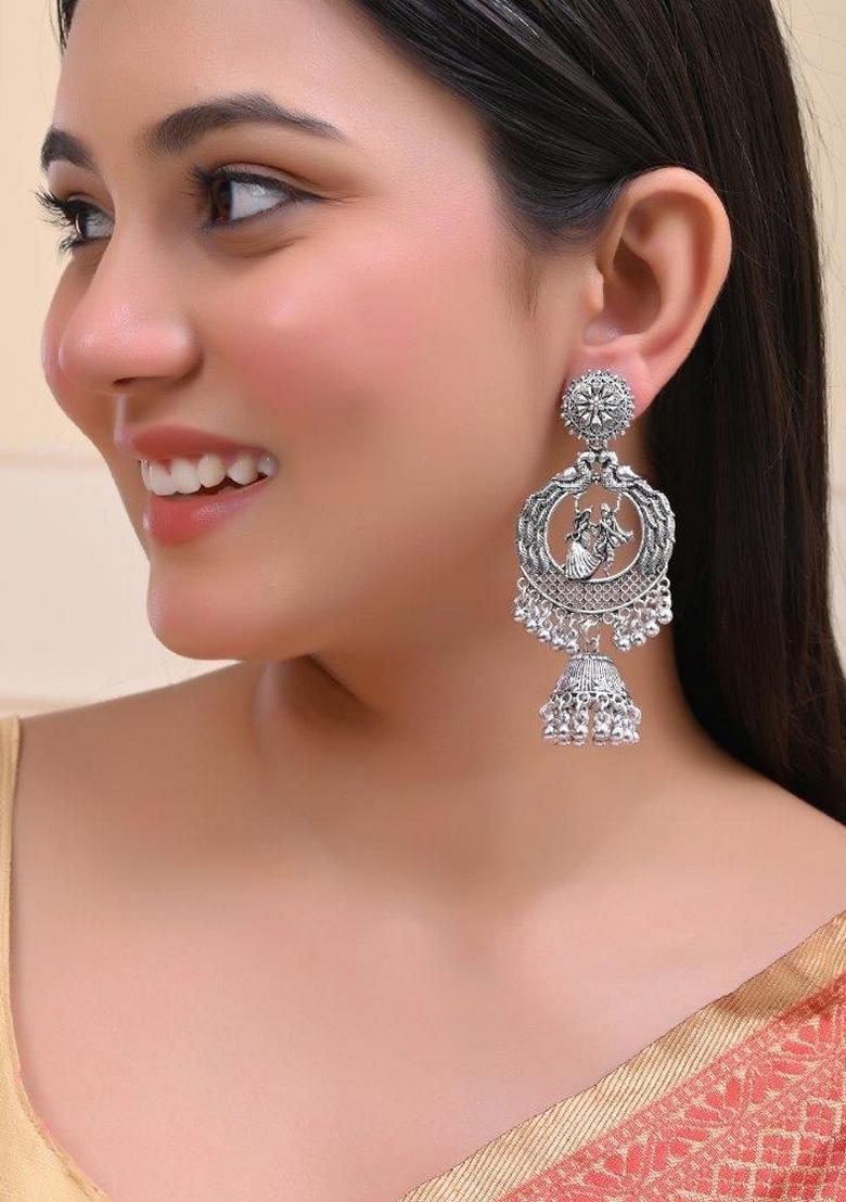 Silver Plated Krishna Cricluar Oxidized Earrings