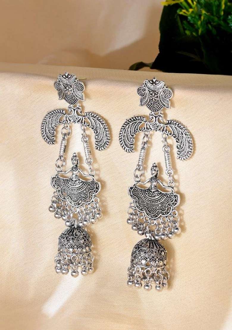 Silver Plated Oxidized Dancing Drop Earrings - Indya