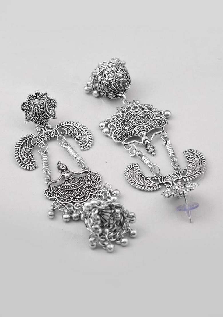 Silver Plated Oxidized Dancing Drop Earrings - Indya
