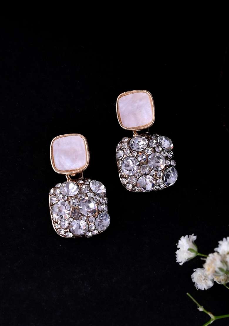 Gold Stainless Steel Crystal Studded Square Shaped Studs - Indya