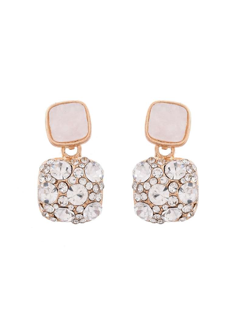 Gold Stainless Steel Crystal Studded Square Shaped Studs - Indya