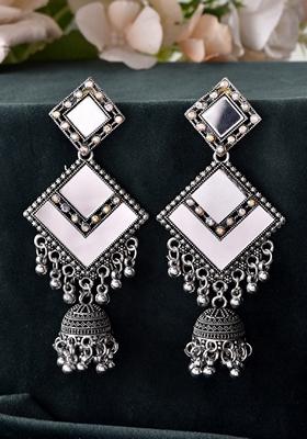 Silver Plated Mirror Studded Square Shaped Earrings