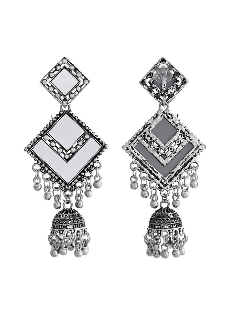 Silver Plated Mirror Studded Square Shaped Earrings