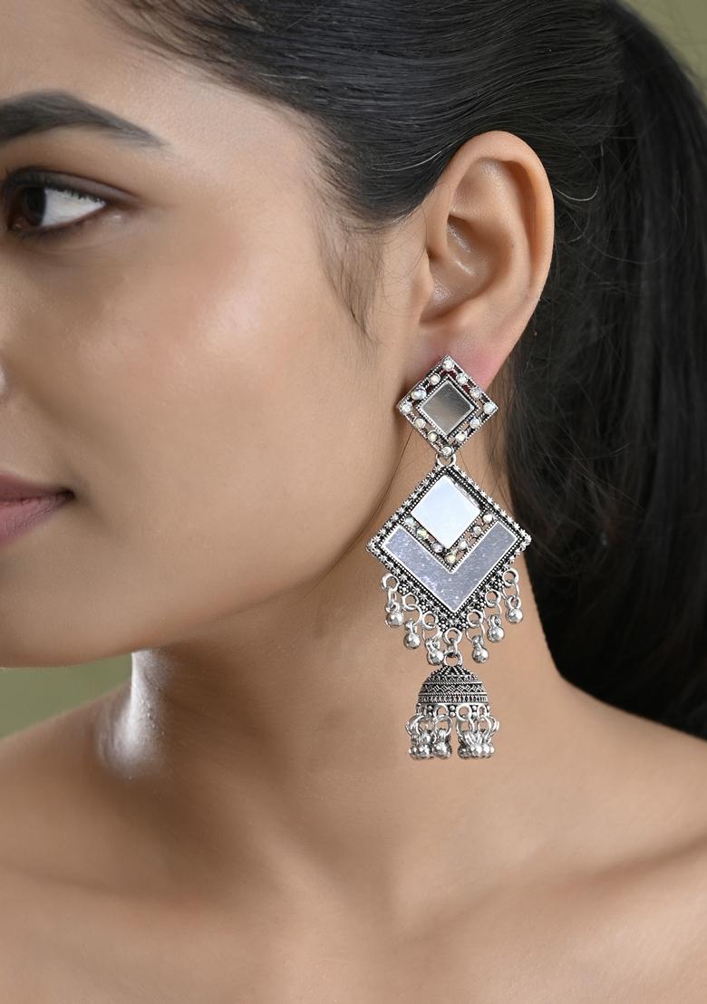 Silver Plated Mirror Studded Square Shaped Earrings