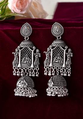 Silver Plated Oxidized Temple Long Earrings