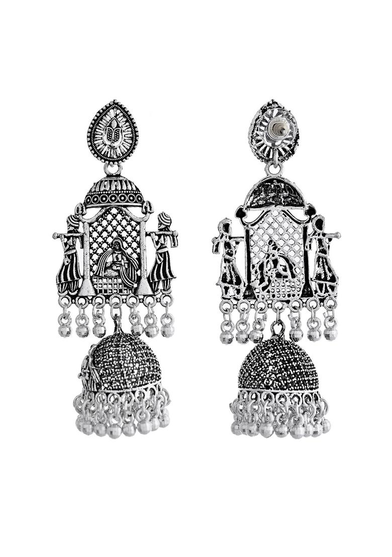 Silver Plated Oxidized Temple Long Earrings