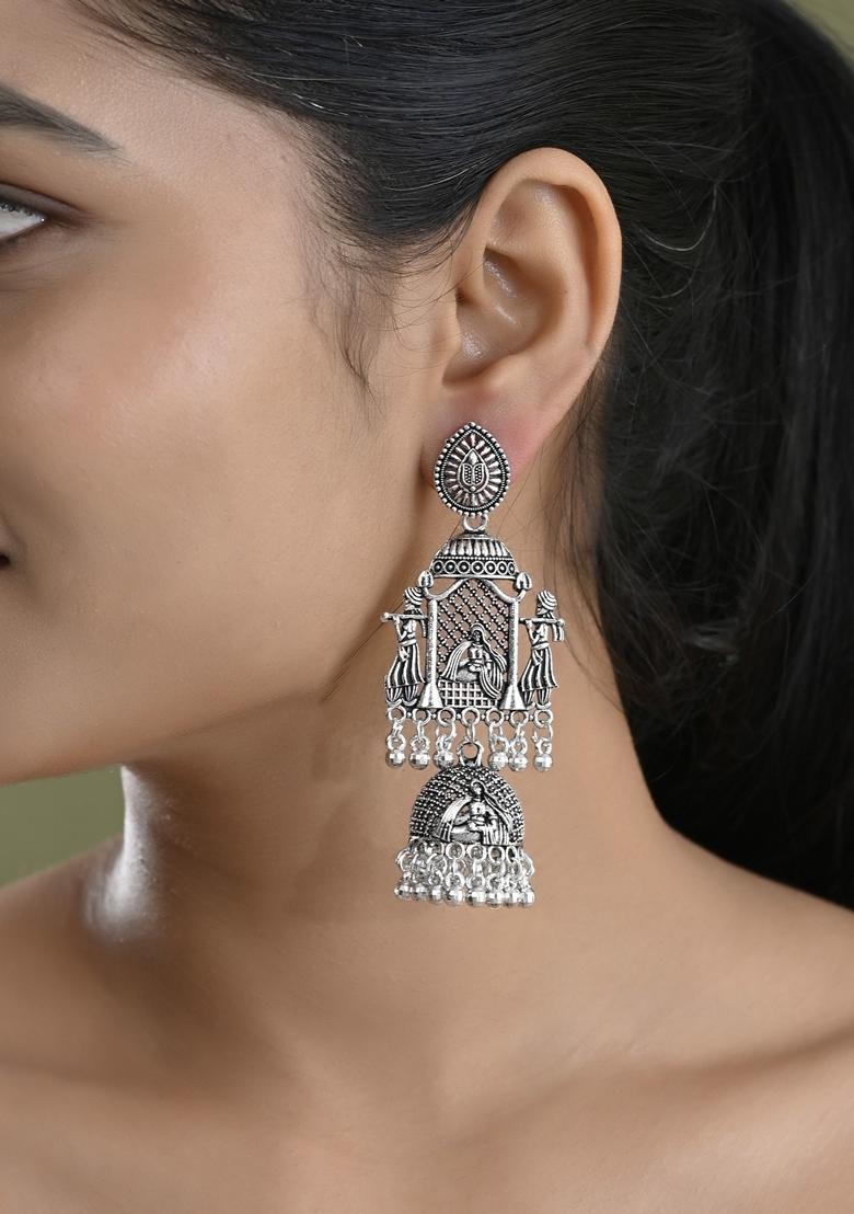 Silver Plated Oxidized Temple Long Earrings