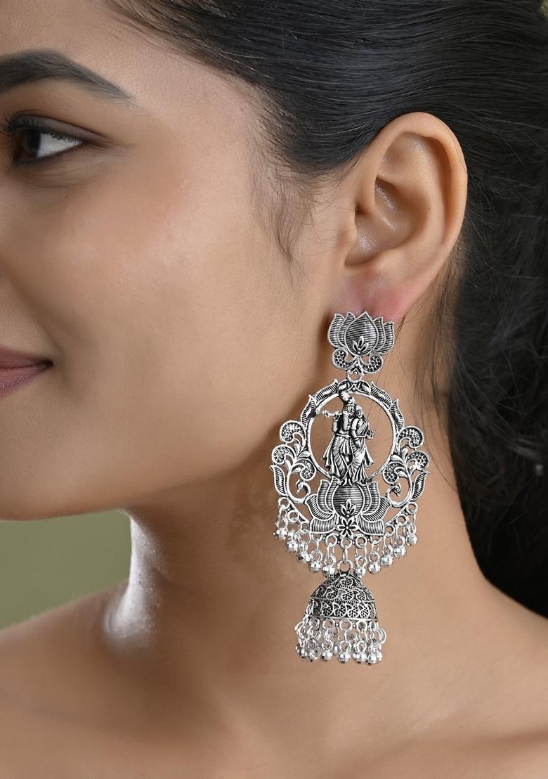 Silver Plated Radha Krishna Shaped Oxidized Earrings