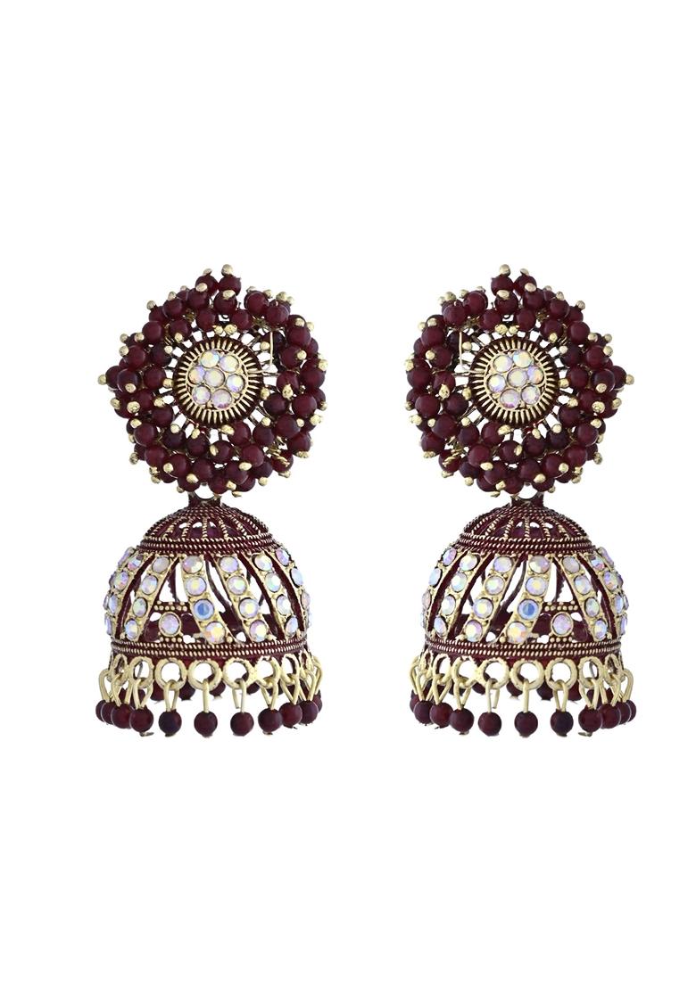 Maroon Marron Beads And Stone Studded Jhumka Earrings