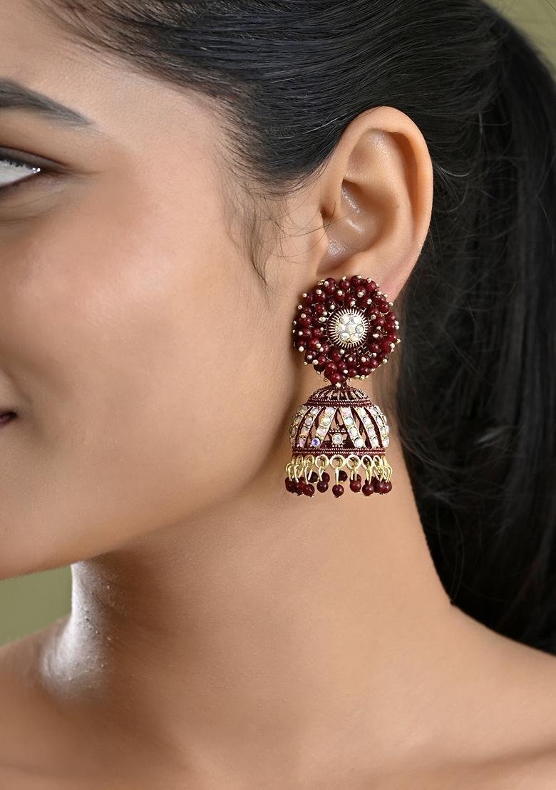 Maroon Marron Beads And Stone Studded Jhumka Earrings