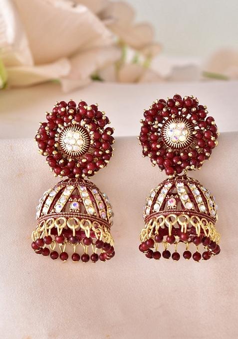 Maroon Marron Beads And Stone Studded Jhumka Earrings