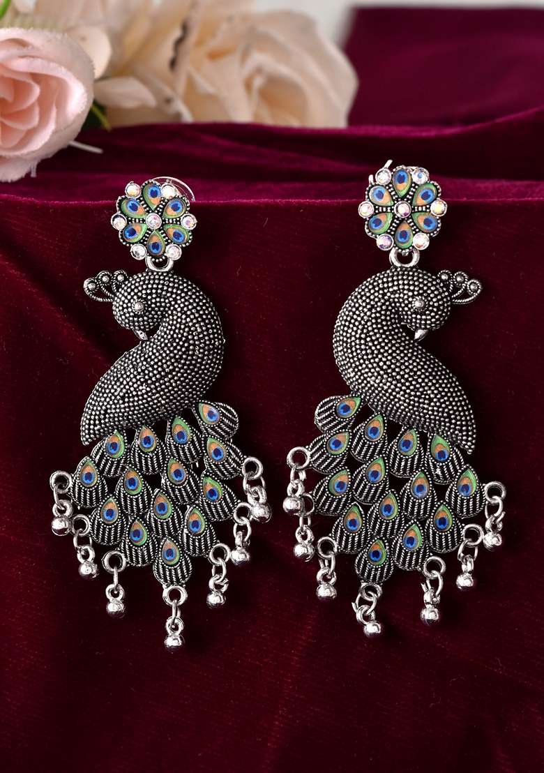 Silver Plated Oxidized Peacock Shaped Long Earrings - Indya