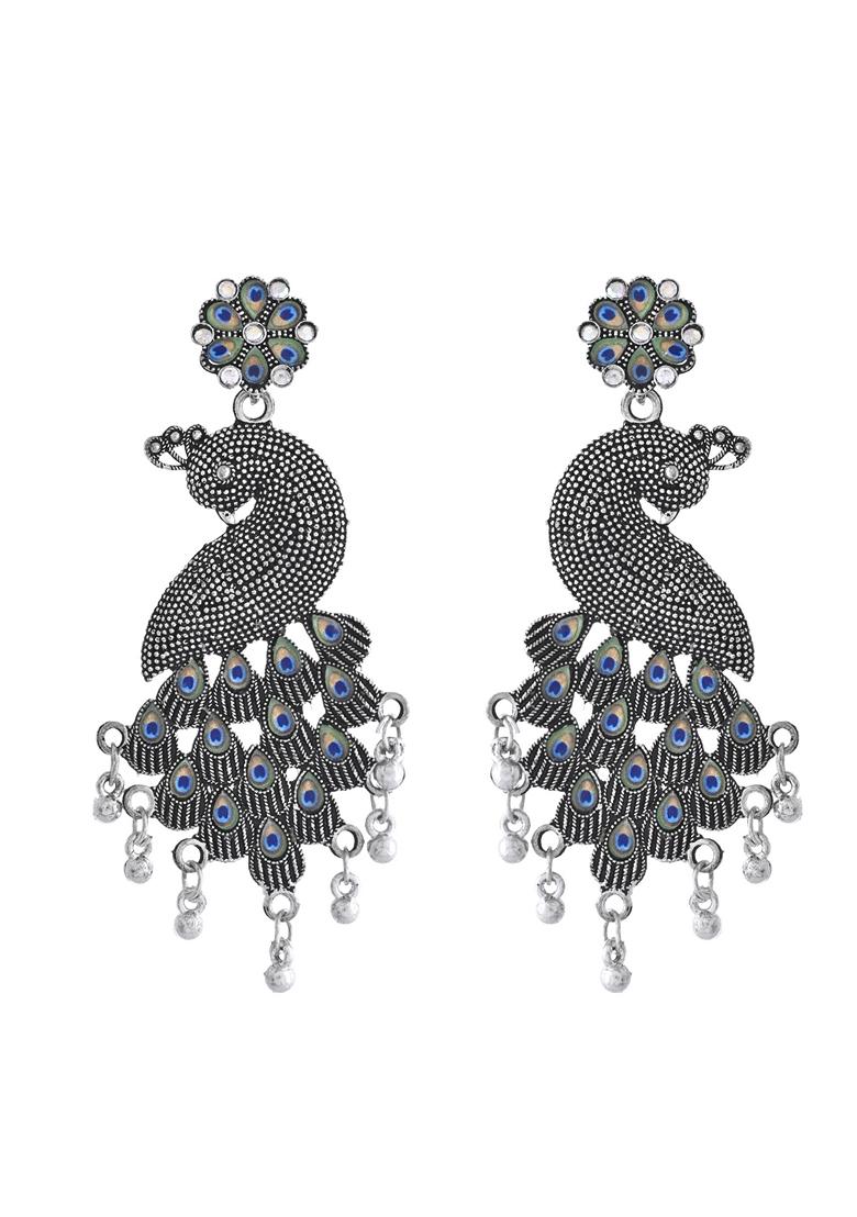 Silver Plated Oxidized Peacock Shaped Long Earrings