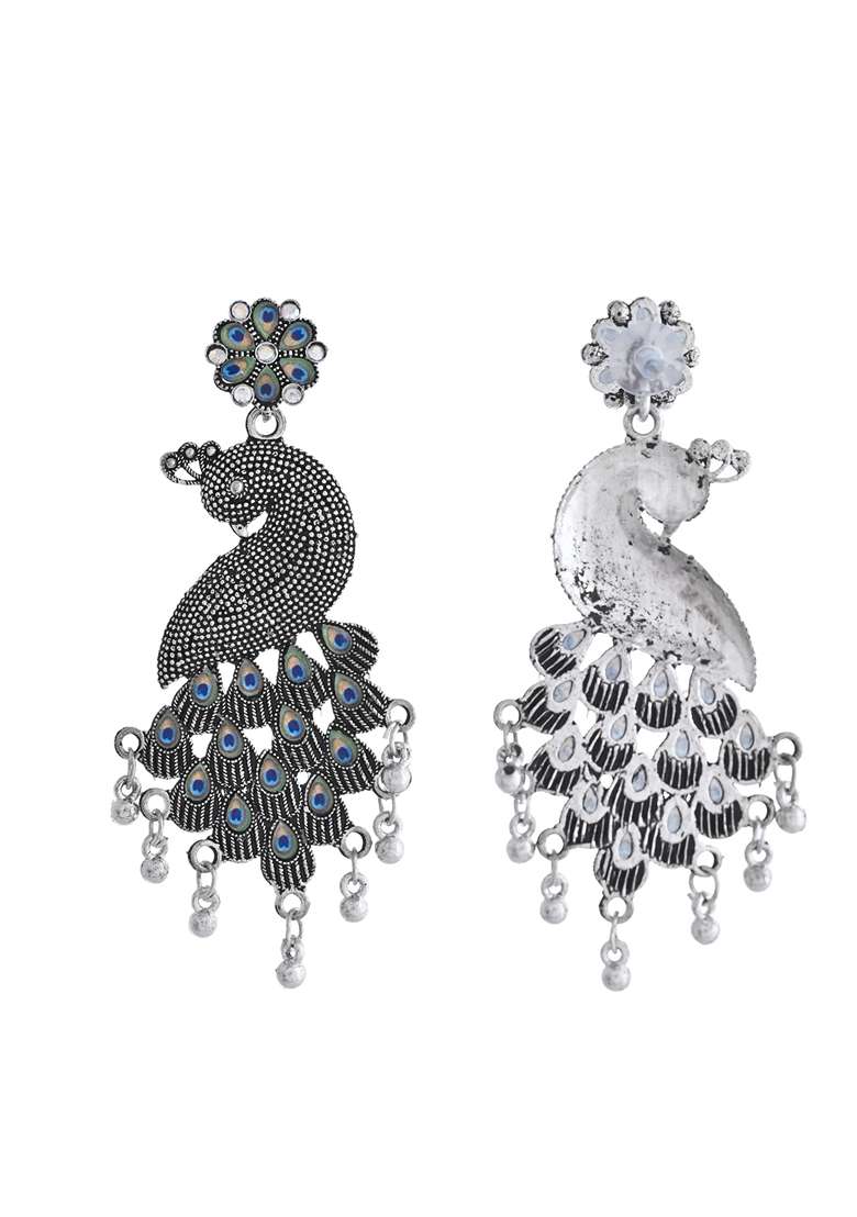 Silver Plated Oxidized Peacock Shaped Long Earrings - Indya