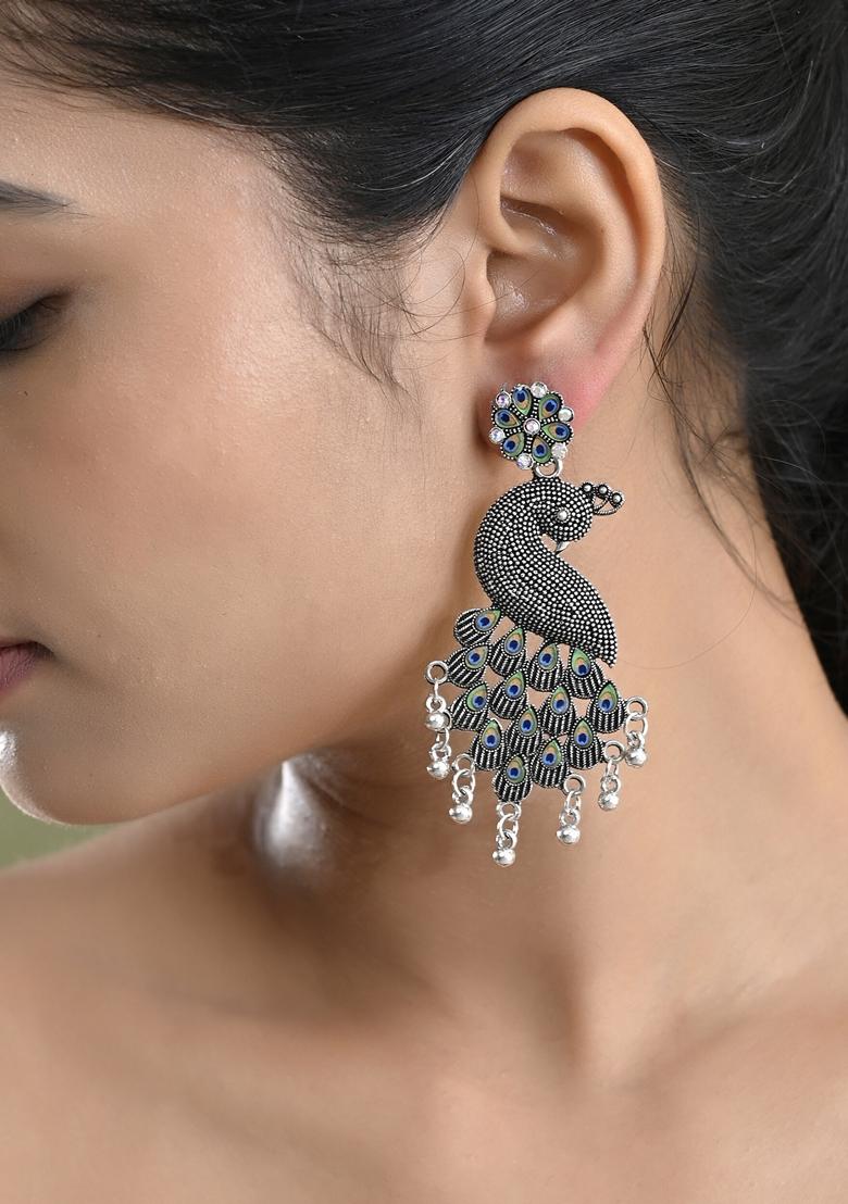 Silver Plated Oxidized Peacock Shaped Long Earrings