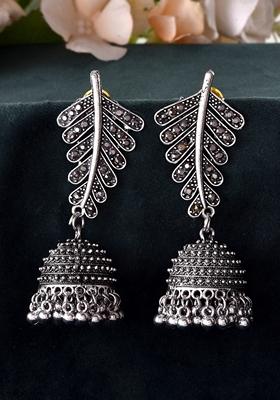 Silver Plated Oxidized Stone Studded Leaf Shaped Long Earrings