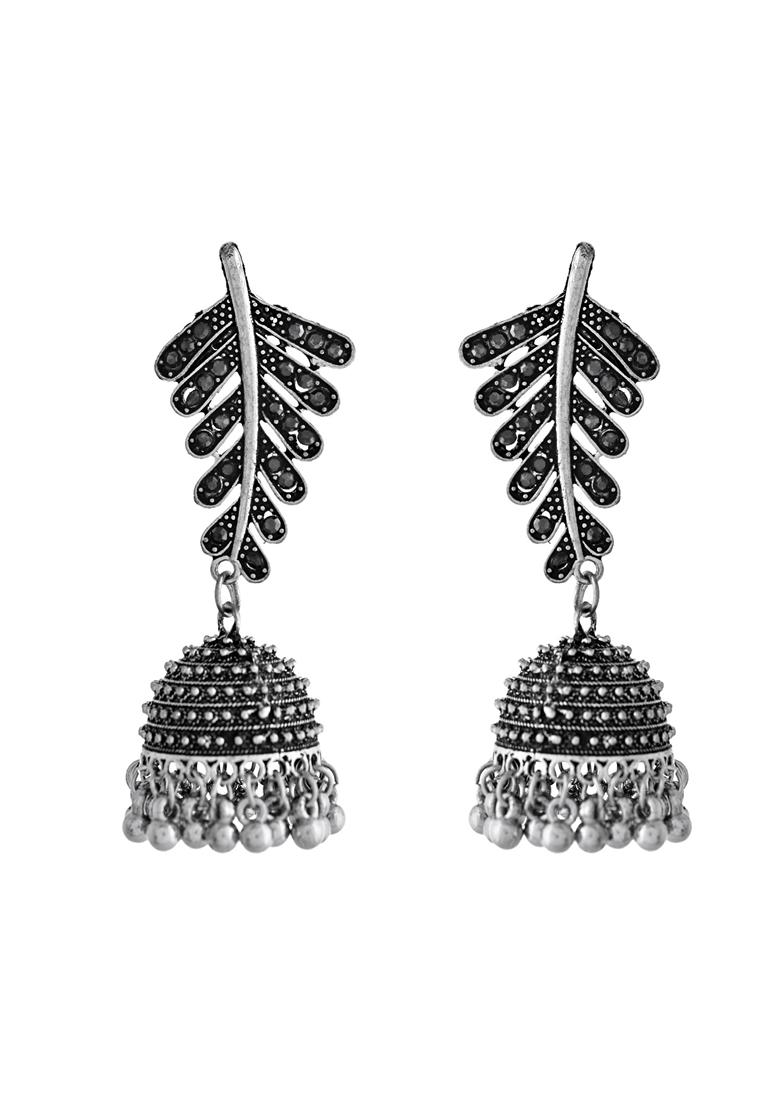 Silver Plated Oxidized Stone Studded Leaf Shaped Long Earrings