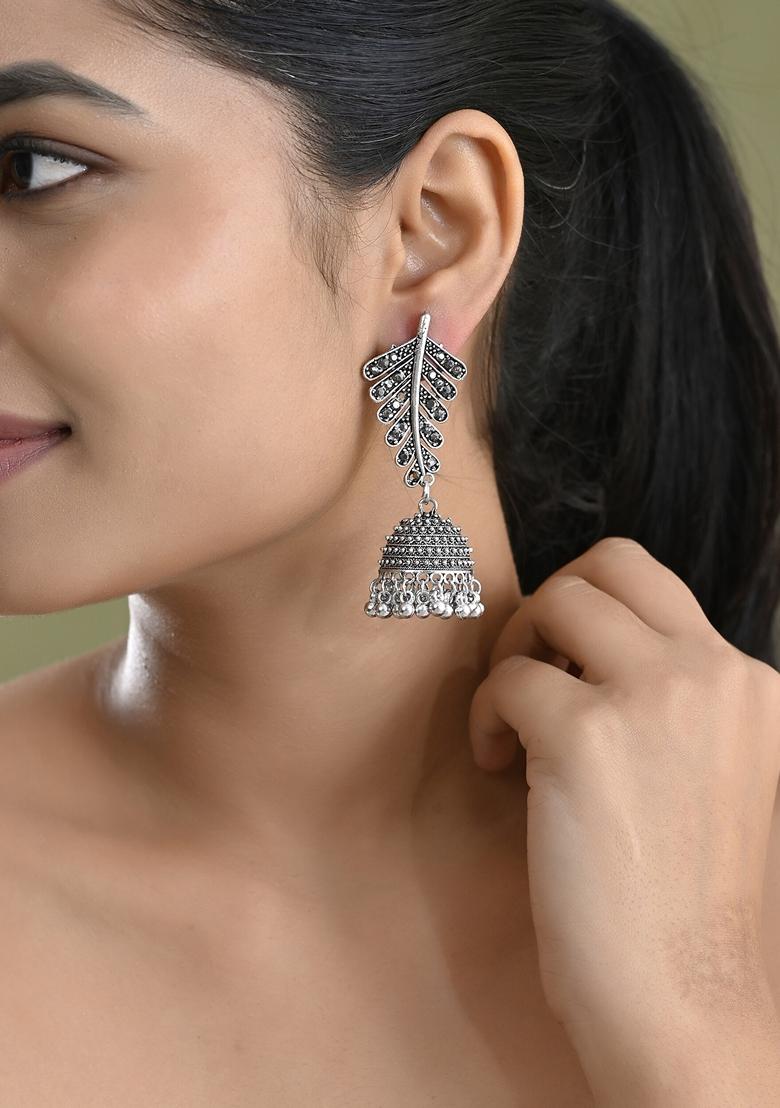Silver Plated Oxidized Stone Studded Leaf Shaped Long Earrings