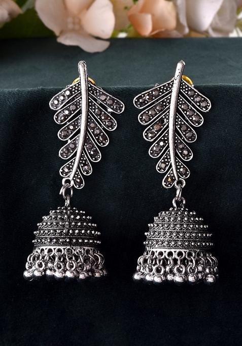 Silver Plated Oxidized Stone Studded Leaf Shaped Long Earrings