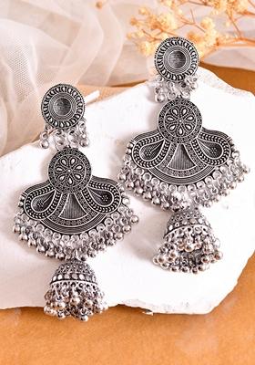 Silver Plated Oxidized Contemporary Jhumka Earrings