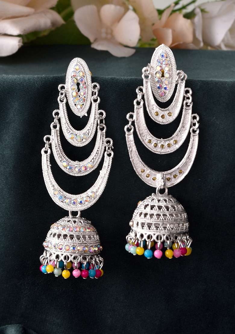 White Oxidized Mult Layer Chandbali Earrings - Indya