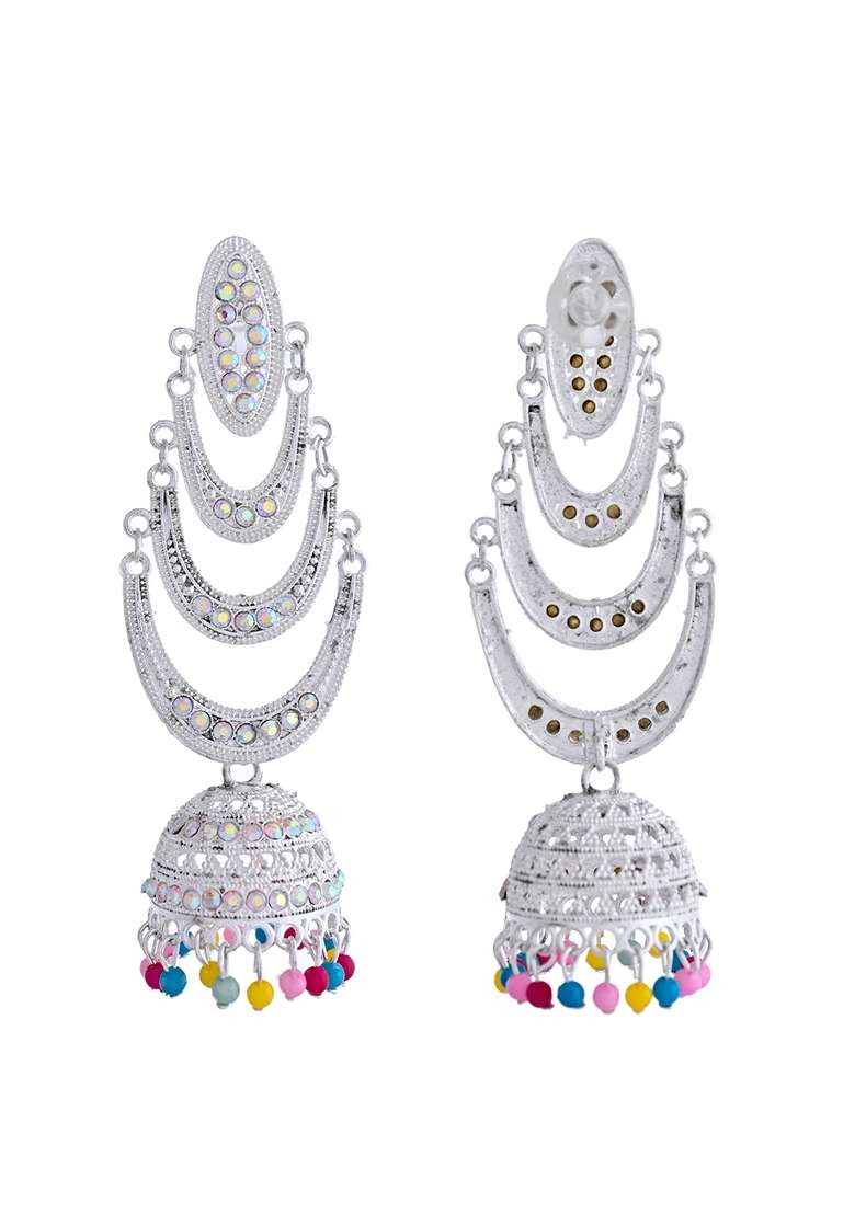 White Oxidized Mult Layer Chandbali Earrings - Indya
