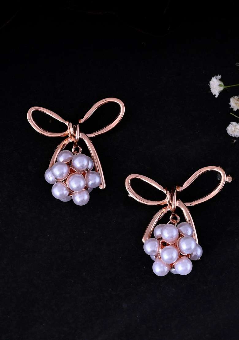 Rose Gold Rose Plated Pearl With Bow Shapped Designer Earrings - Indya