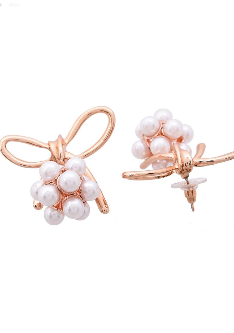 Rose Gold Rose Plated Pearl With Bow Shapped Designer Earrings - Indya