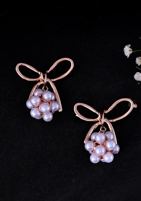 Rose Gold Rose Plated Pearl With Bow Shapped Designer Earrings