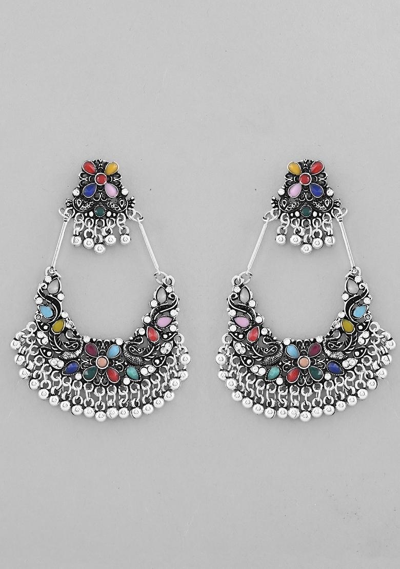 Silver Plated Colour Peacock Oxidized Contemporary Earrings