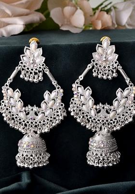 White Chandbali With Stone And Peral Detailing Earrings