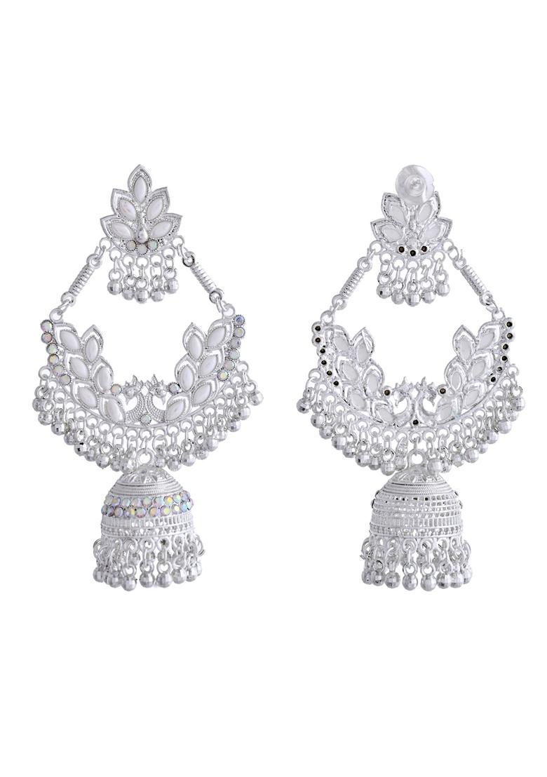 White Chandbali With Stone And Peral Detailing Earrings
