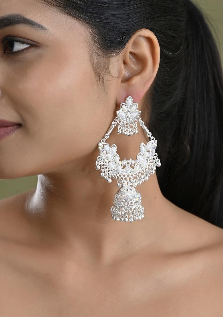 White Chandbali With Stone And Peral Detailing Earrings