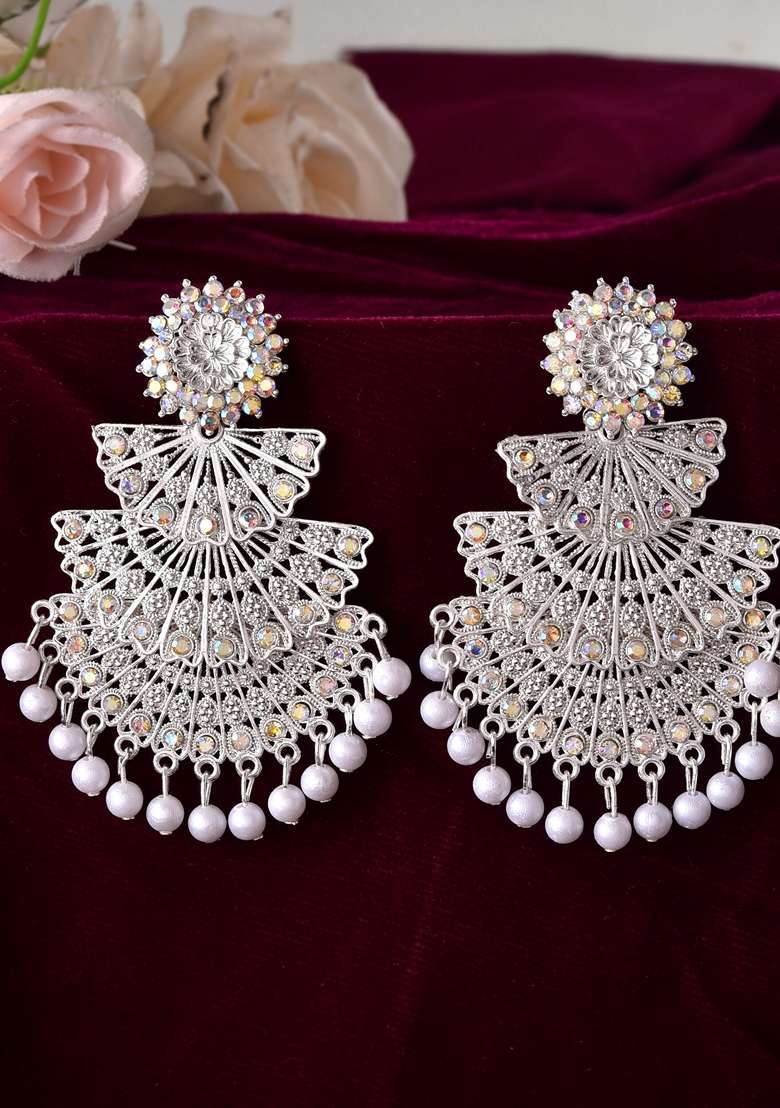 White Oxidized Layered Stone Studded Earrings - Indya