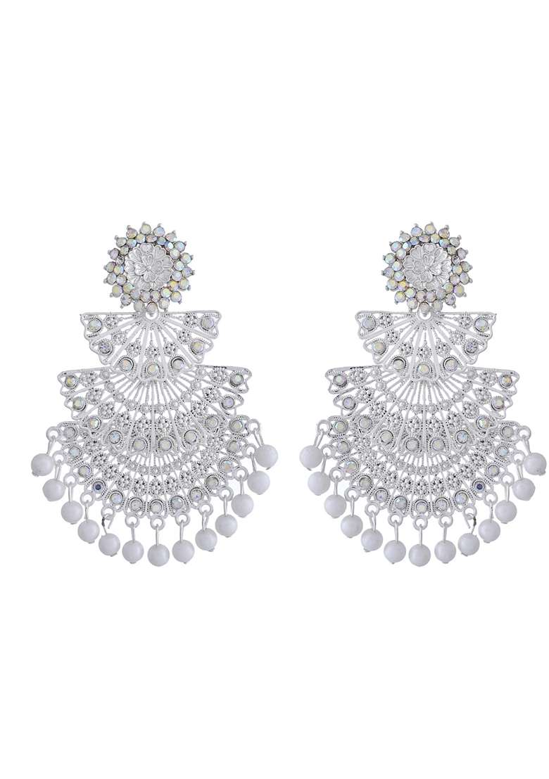 White Oxidized Layered Stone Studded Earrings - Indya