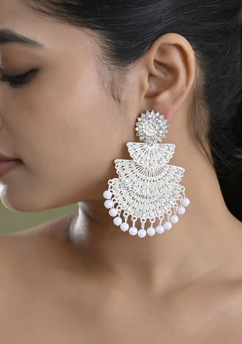 White Oxidized Layered Stone Studded Earrings