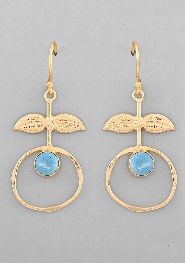 Gold Plated Blue Stone Studded Circular Drop Earrings