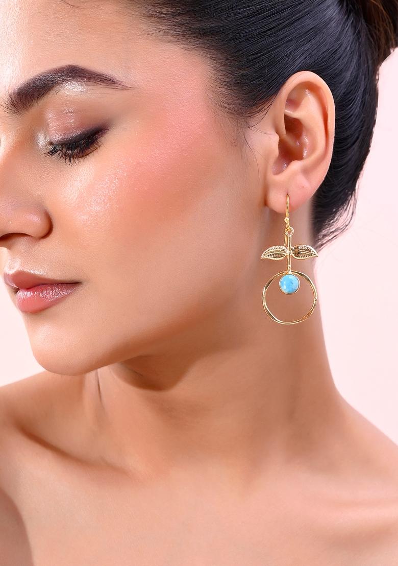 Gold Plated Blue Stone Studded Circular Drop Earrings