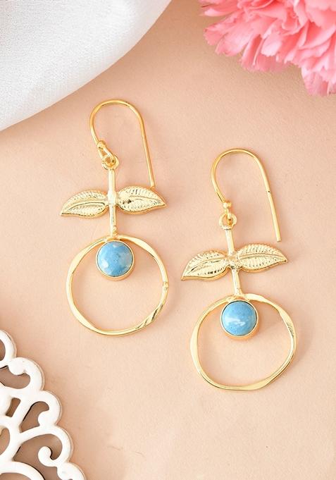 Gold Plated Blue Stone Studded Circular Drop Earrings