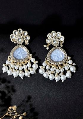 Gold Toned Kundan Studded Contemporary Oxidised Drop Earrings