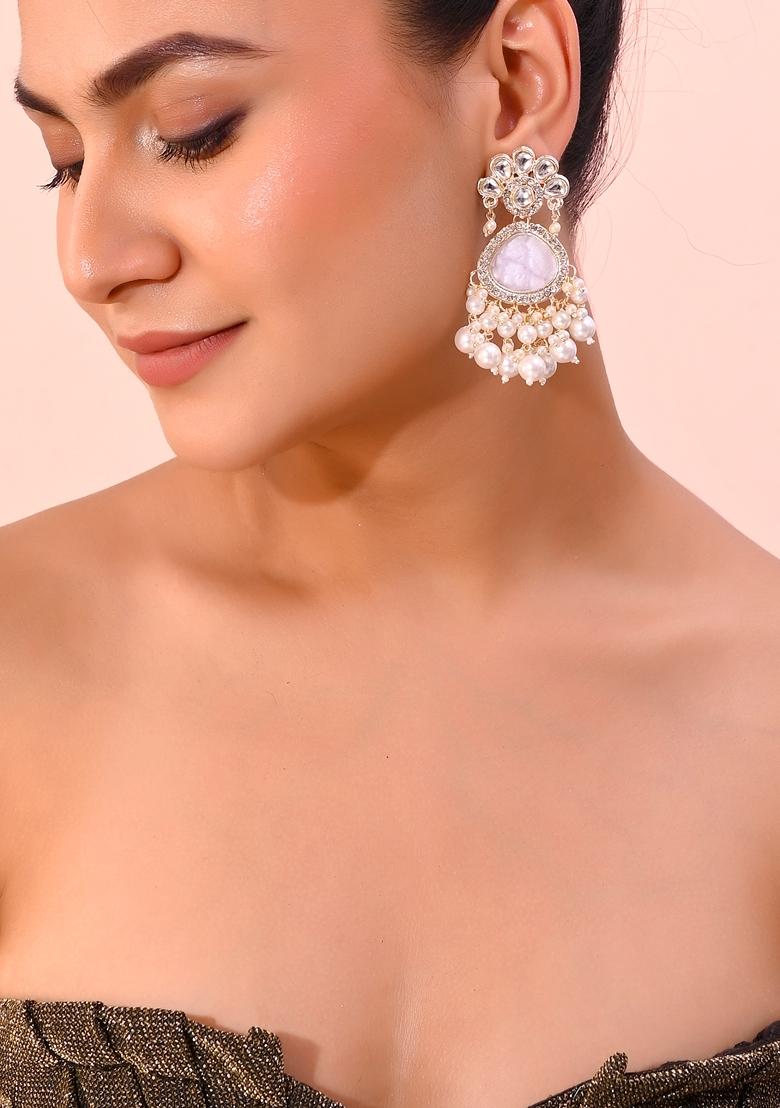 Gold Toned Kundan Studded Contemporary Oxidised Drop Earrings