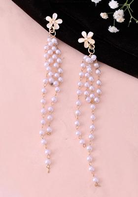 Gold Plated Flower Stone Studded Beaded Acrylic Drop Earrings