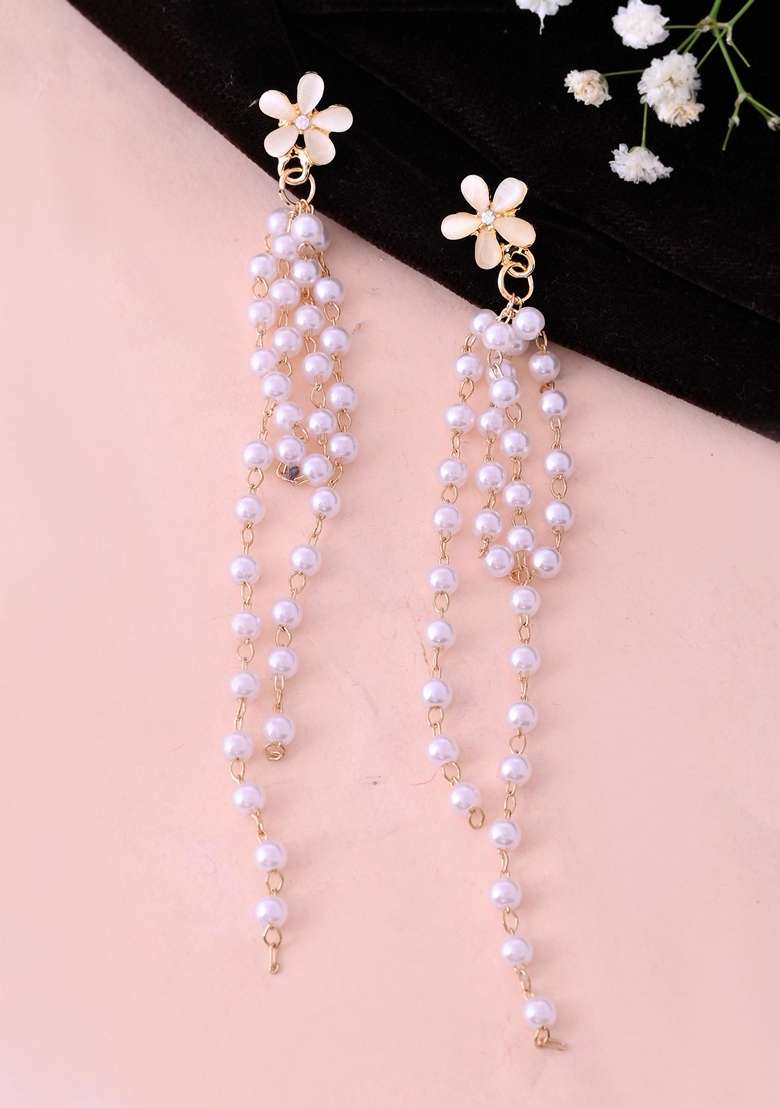 Gold Plated Flower Stone Studded Beaded Acrylic Drop Earrings - Indya