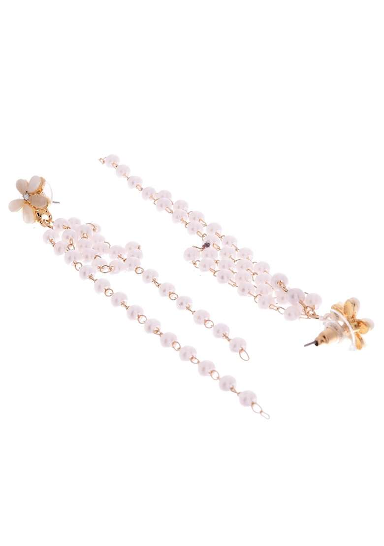 Gold Plated Flower Stone Studded Beaded Acrylic Drop Earrings - Indya