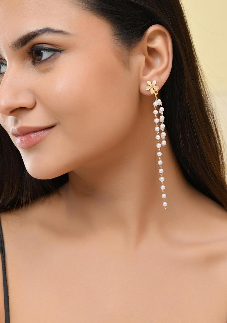 Gold Plated Flower Stone Studded Beaded Acrylic Drop Earrings