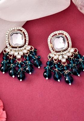 Teal Blue Kundan Earrings With Teal Colour Pearls