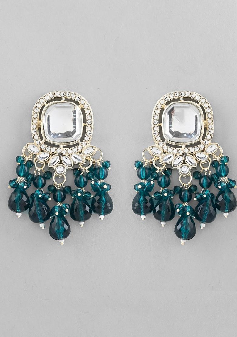 Teal Blue Kundan Earrings With Teal Colour Pearls
