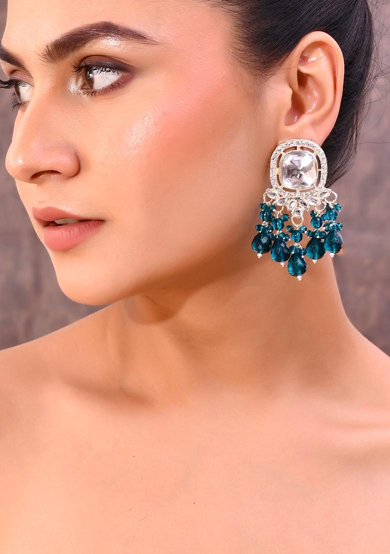 Teal Blue Kundan Earrings With Teal Colour Pearls